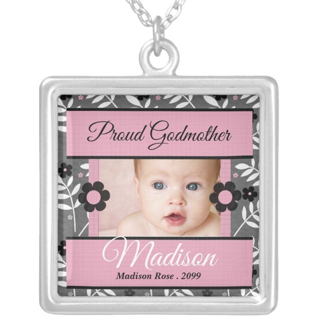 Pink Proud Godmother Retro Floral Photo Silver Plated Necklace (Front)