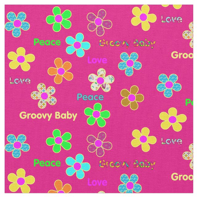 Pink Psychedelic 60s Groovy Flowers Print Fabric (Close Up)