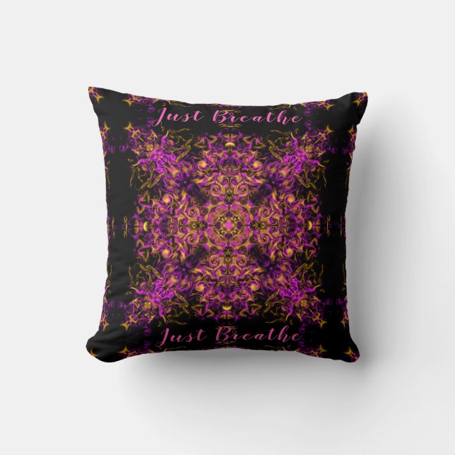 Pink Psychedelic Bohemian Mandala Just Breathe Throw Pillow (Front)