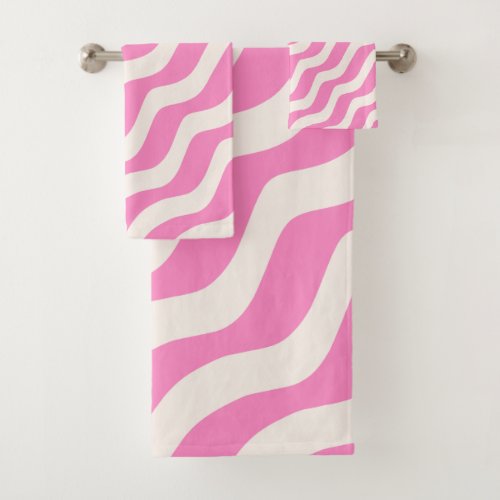 Pink Psychedelic Stripes Abstract Retro Wavy Lines Bath Towel Set