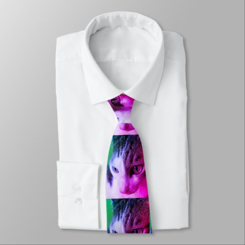Pink Psychedelic Tabby Cat has pink  purple eyes Neck Tie