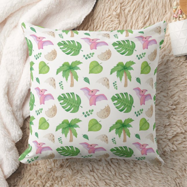 Pink Pterodactyl & Tropical Foliage Pattern Throw Pillow (Blanket)
