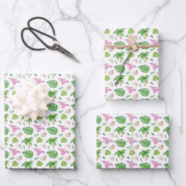 Pink Pterodactyl & Tropical Foliage Pattern Wrapping Paper Sheets (Front)