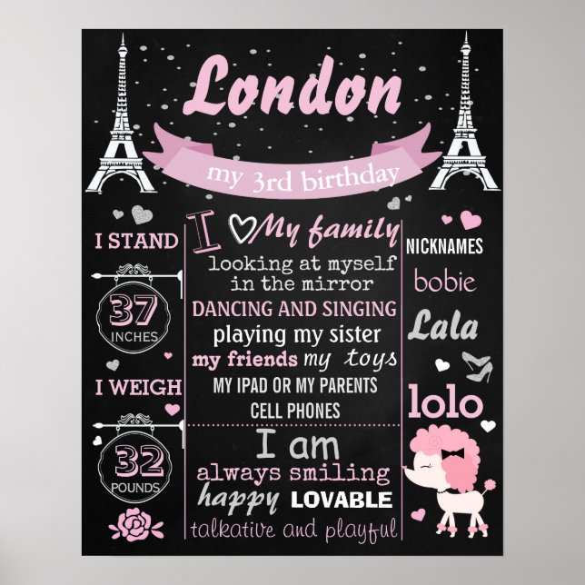 Pink Puddle Paris Birthday Party chalkboard sign (Front)