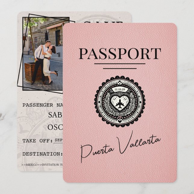 Pink Puerta Vallarta Passport Save The Date (Front/Back)