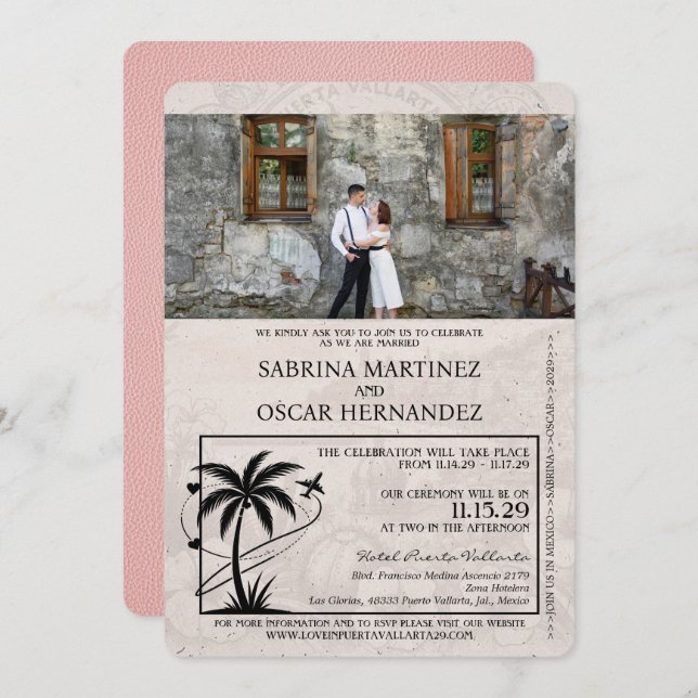 Pink Puerta Vallarta Passport Wedding Invitation (Front/Back)