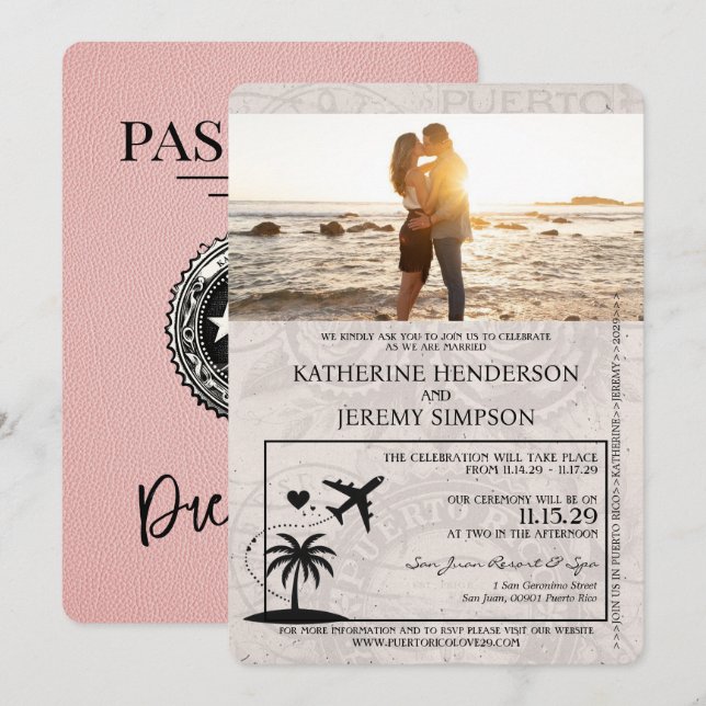 Pink Puerto Rico Passport Wedding Invitation (Front/Back)