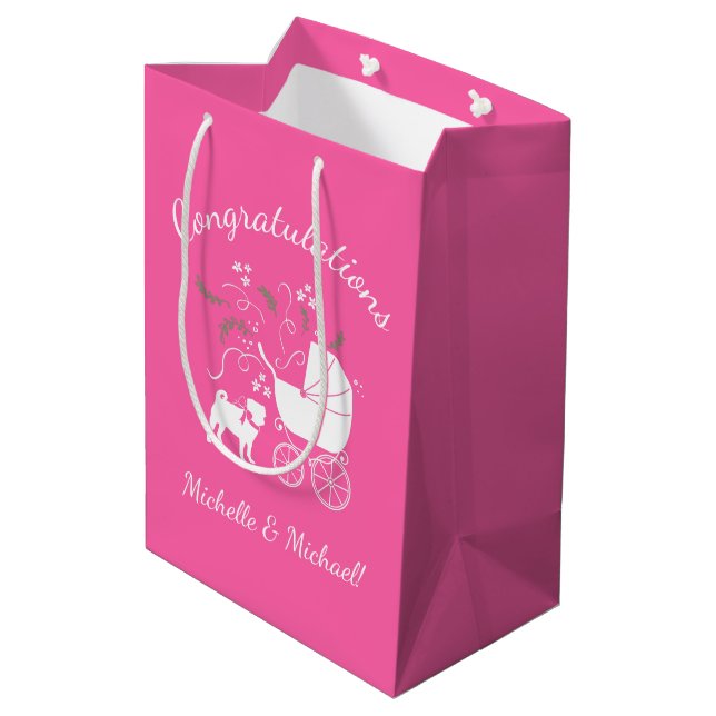 Pink Pug Dog Theme Party Celebration Medium Gift Bag (Back Angled)
