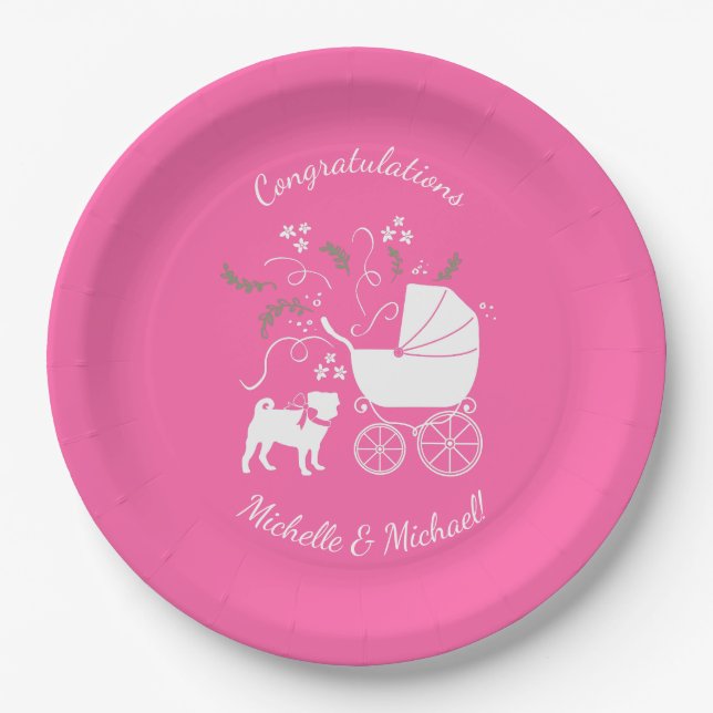 Pink Pug Dog Theme Party Celebration Paper Plates (Front)