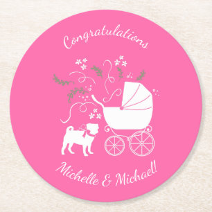 Pink Pug Dog Theme Party Celebration Round Paper Coaster