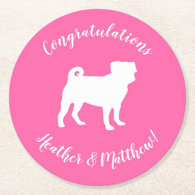 Pink Pug Dog Theme Party Celebration Round Paper Coaster (Front)