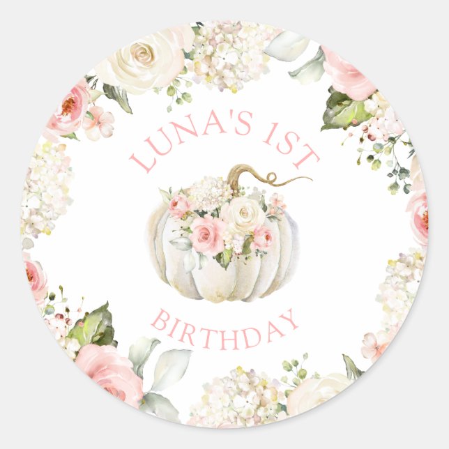 Pink Pumpkin 1st Birthday Classic Round Sticker (Front)