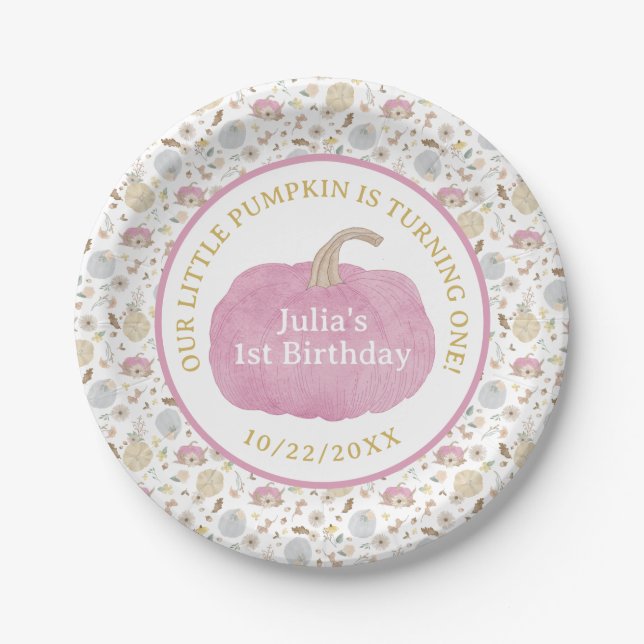 Pink Pumpkin 1st Birthday Paper Plates (Front)