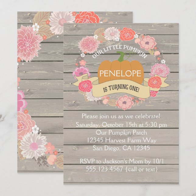 Pink Pumpkin 1st Birthday Party Invitation (Front/Back)