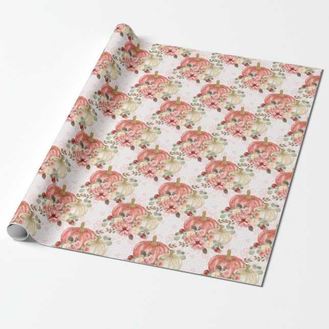 Pink Pumpkin and Flowers Gift Favor Wrapping Paper (Unrolled)