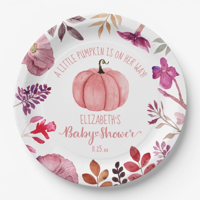 Pink Pumpkin and Flowers Girl Baby Shower Paper Plates (Front)