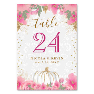 Pink Pumpkin and Flowers Wedding Seating Chart Table Number
