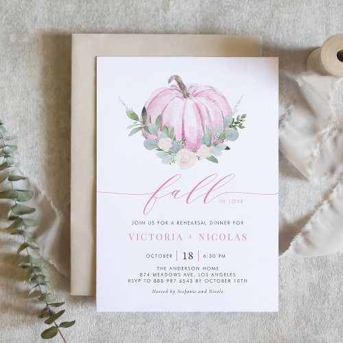 Pink Pumpkin and Greenery Fall Rehearsal Dinner Invitation