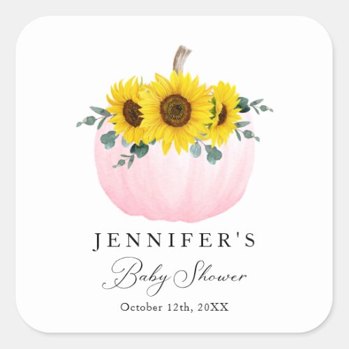 Pink Pumpkin and Sunflower Baby Shower Favor Square Sticker