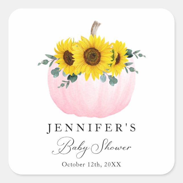 Pink Pumpkin and Sunflower Baby Shower Favor Square Sticker (Front)