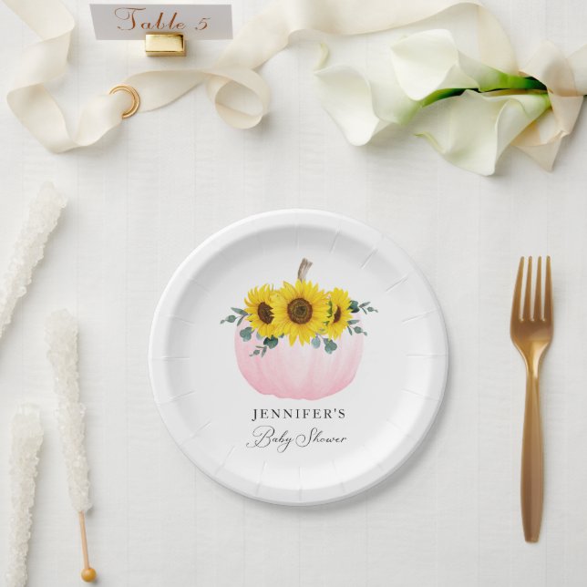 Pink Pumpkin and Sunflower Girl Baby Shower Paper Plates (Wedding)