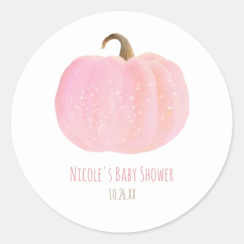 Pink Pumpkin Autumn Fall Rustic Baby Shower Classic Round Sticker