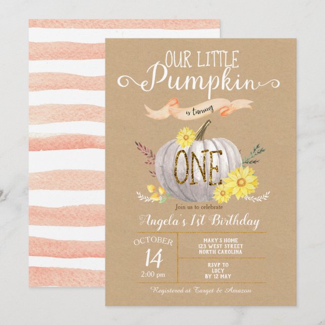 Pink Pumpkin Autumn First 1st Birthday Invitation (Front/Back)