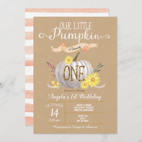 Pink Pumpkin Autumn First 1st Birthday Invitation