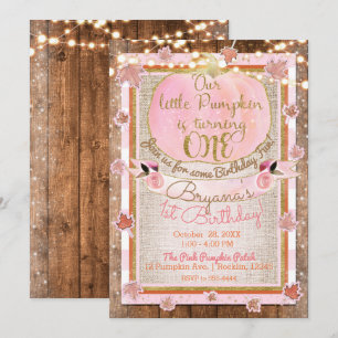 Pink Pumpkin Autumn Leaves Rustic 1ST Birthday Invitation