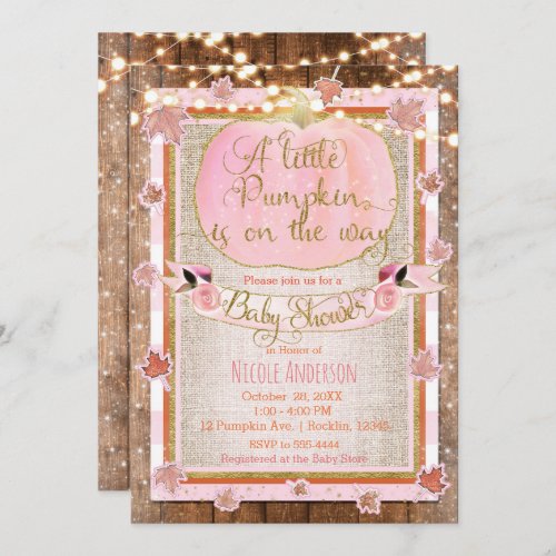 Pink Pumpkin  Autumn Leaves Rustic Baby Shower Invitation