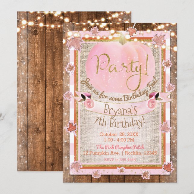 Pink Pumpkin Autumn Leaves Rustic Birthday Party Invitation (Front/Back)