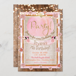 Pink Pumpkin Autumn Leaves Rustic Birthday Party Invitation