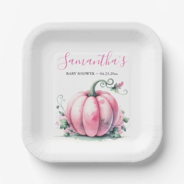 Pink Pumpkin Baby Shower Disposable Paper Plates (Front)
