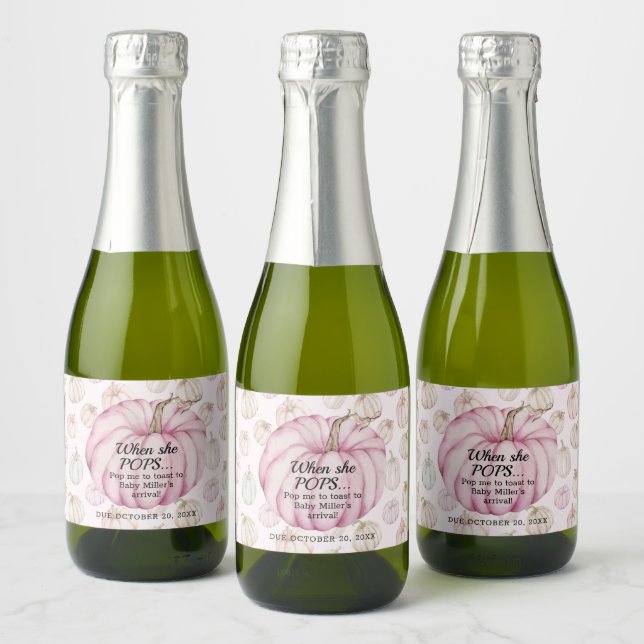 Pink Pumpkin Baby Shower Pop It Mini Sparkling Wine Label (Bottles)