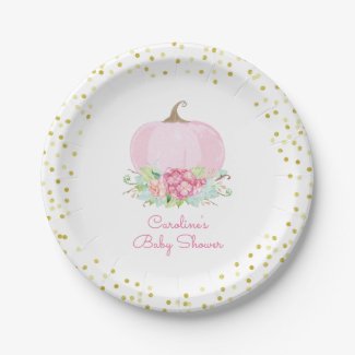 Pink Pumpkin Baby Shower Watercolor Floral Paper Plate