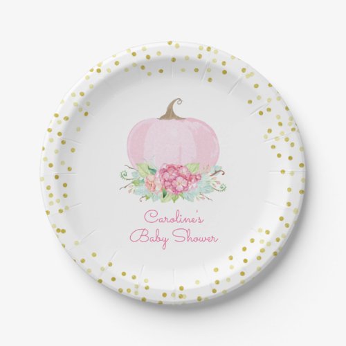 Pink Pumpkin Baby Shower Watercolor Floral Paper Plates