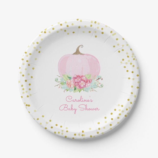 Pink Pumpkin Baby Shower Watercolor Floral Paper Plates (Front)
