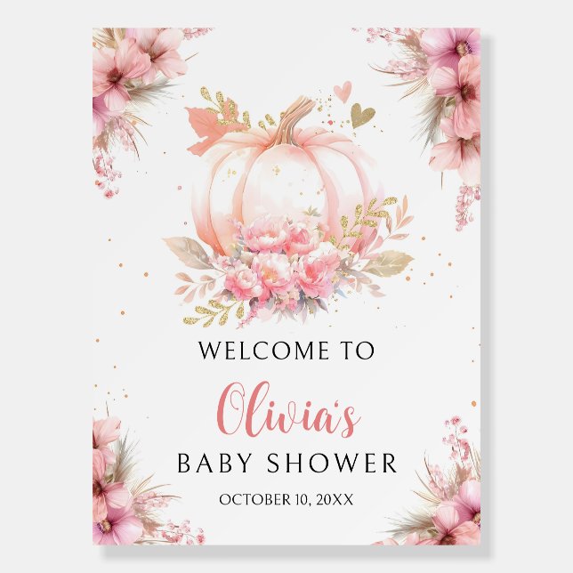 Pink Pumpkin Baby Shower Welcome Sign: Girl Fall  Foam Board (Front)