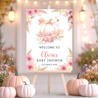 Pink Pumpkin Baby Shower Welcome Sign: Girl Fall Foam Board