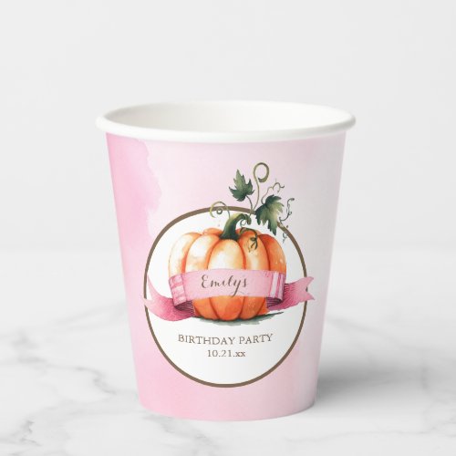 Pink Pumpkin Birthday Party Paper Cups