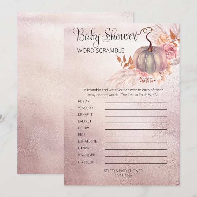 Pink Pumpkin Boho Pampas Baby Shower Word Scramble Invitation (Front/Back)