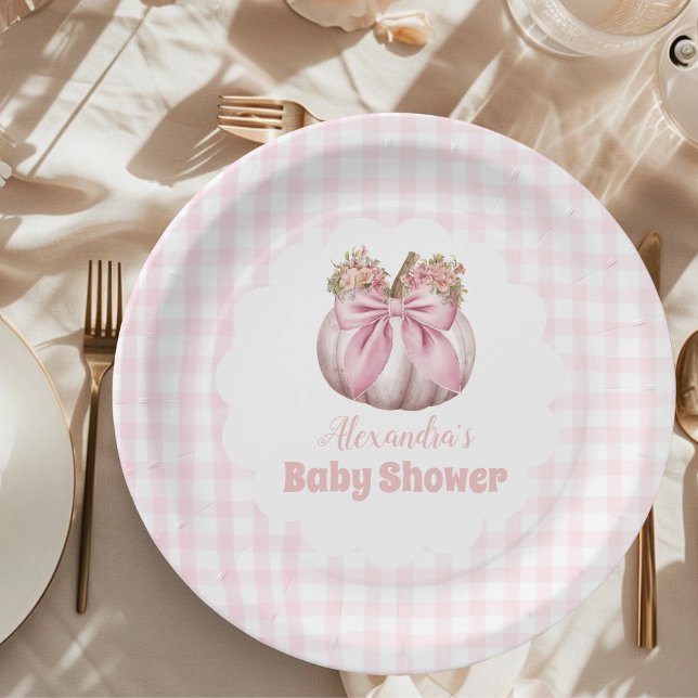 Pink Pumpkin Bow Girl Baby Shower Paper Plates (Creator Uploaded)