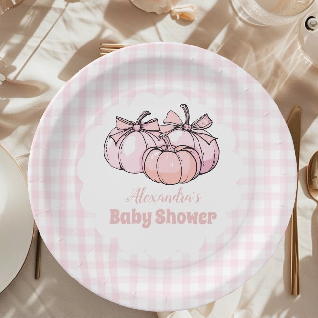 Pink Pumpkin Bow Girl Baby Shower Paper Plates (Creator Uploaded)