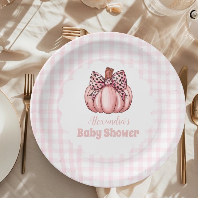Pink Pumpkin Bow Girl Baby Shower Paper Plates (Creator Uploaded)