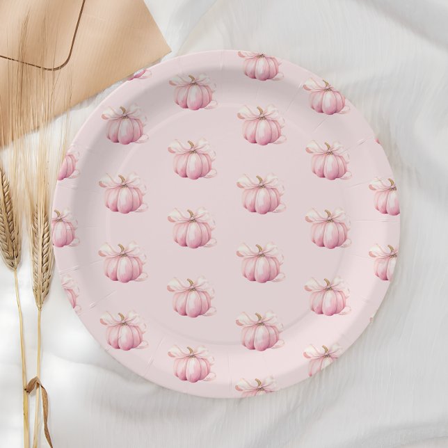 Pink Pumpkin Bow Girl Baby Shower Paper Plates (Creator Uploaded)