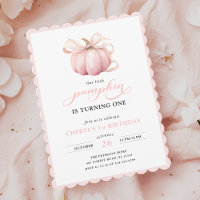 Pink Pumpkin Bow Girl First Birthday Invitation