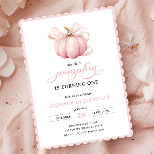 Pink Pumpkin Bow Girl First Birthday Invitation