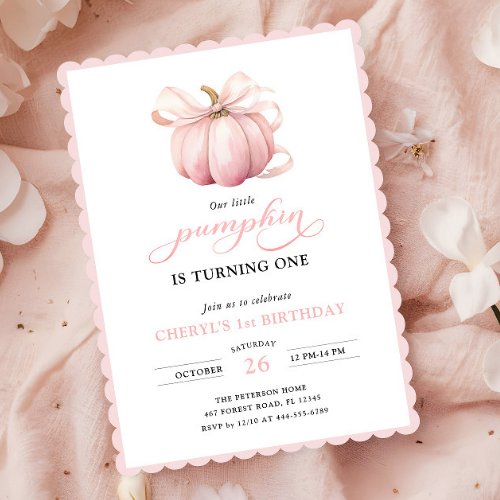 Pink Pumpkin Bow Girl First Birthday Invitation