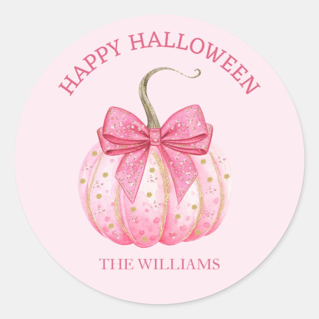 Pink Pumpkin Bow Happy Halloween Personalized Classic Round Sticker (Front)