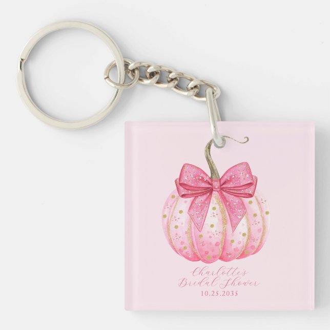 Pink Pumpkin Bow Personalized Bridal Shower Favors Keychain (Front)